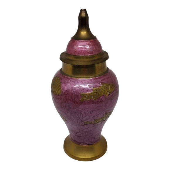 Vintage Brass and Purple Enameled Ginger Jar Urn with Fish and Shell Print - Picture 1 of 10